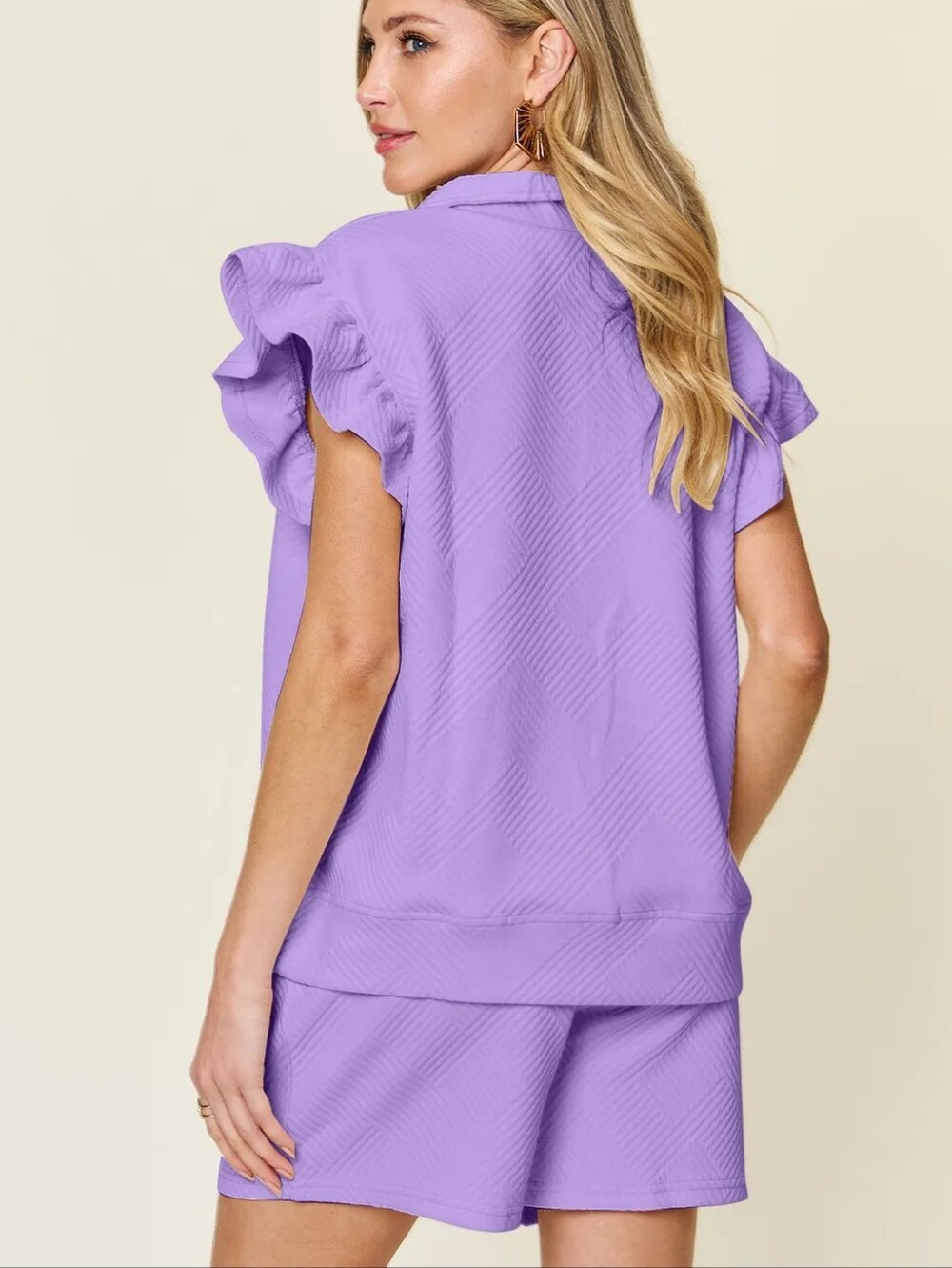🌸Double Take Purple Texture Flounce Sleeve Top and Drawstring Shorts Set - Picture 2 of 2